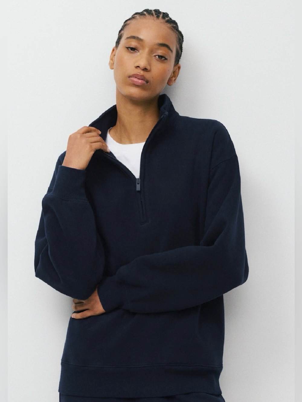 Aritzia Cozy Sweat Fleece Boyfriend 1/2 Zip Sweatshirt In Admiral Navy Large